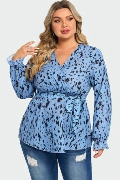 Blue Asymmetrical Hem Wrap Long Sleeve Blouse -Maraluxe Swimwear Shop c top007001 3