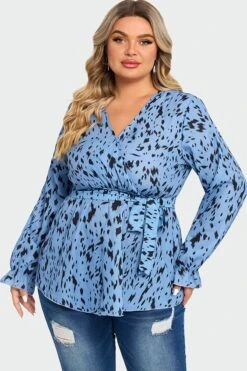 Blue Asymmetrical Hem Wrap Long Sleeve Blouse -Maraluxe Swimwear Shop c top007001 4