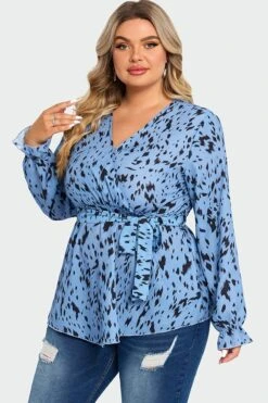 Blue Asymmetrical Hem Wrap Long Sleeve Blouse -Maraluxe Swimwear Shop c top007001 5