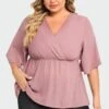 Pink Peplum V Neck Short Sleeve Blouse