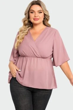 Pink Peplum V Neck Short Sleeve Blouse 11 Pink Peplum V Neck Short Sleeve Blouse -Maraluxe Swimwear Shop c top009001 4
