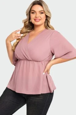 Pink Peplum V Neck Short Sleeve Blouse 12 Pink Peplum V Neck Short Sleeve Blouse -Maraluxe Swimwear Shop c top009001 5