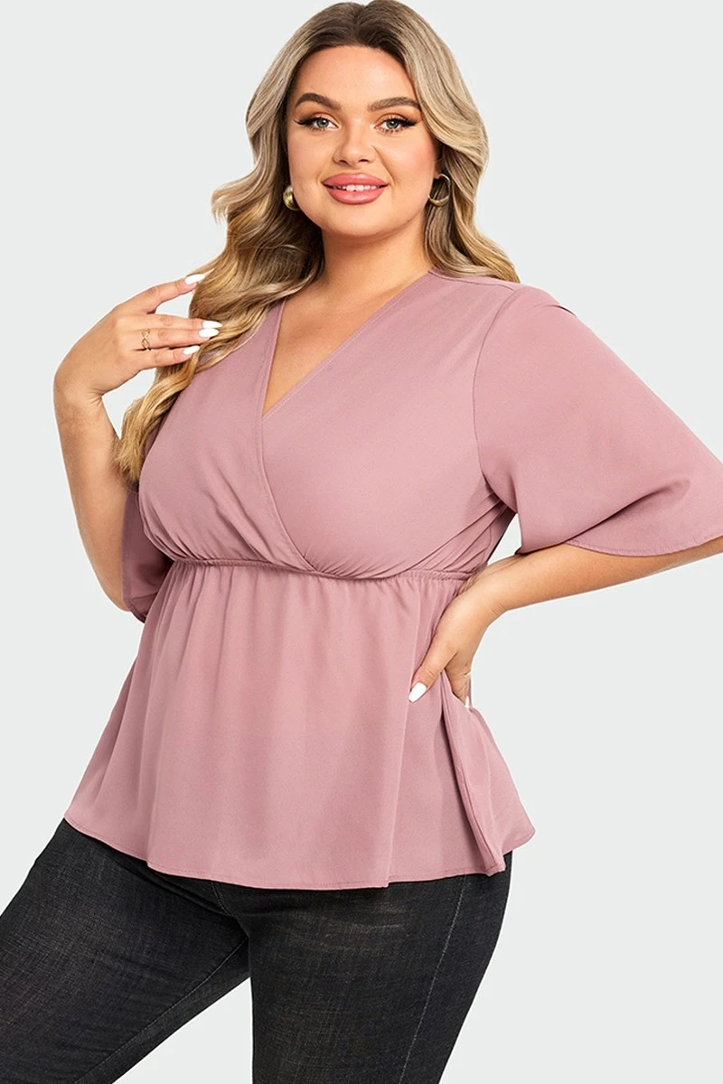 Pink Peplum V Neck Short Sleeve Blouse 7 Pink Peplum V Neck Short Sleeve Blouse - Image 5