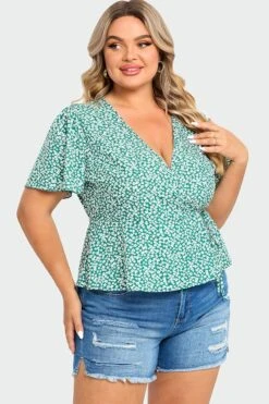 Floral Print Butterfly Sleeve Wrap Knot Side Blouse -Maraluxe Swimwear Shop c top010001 6