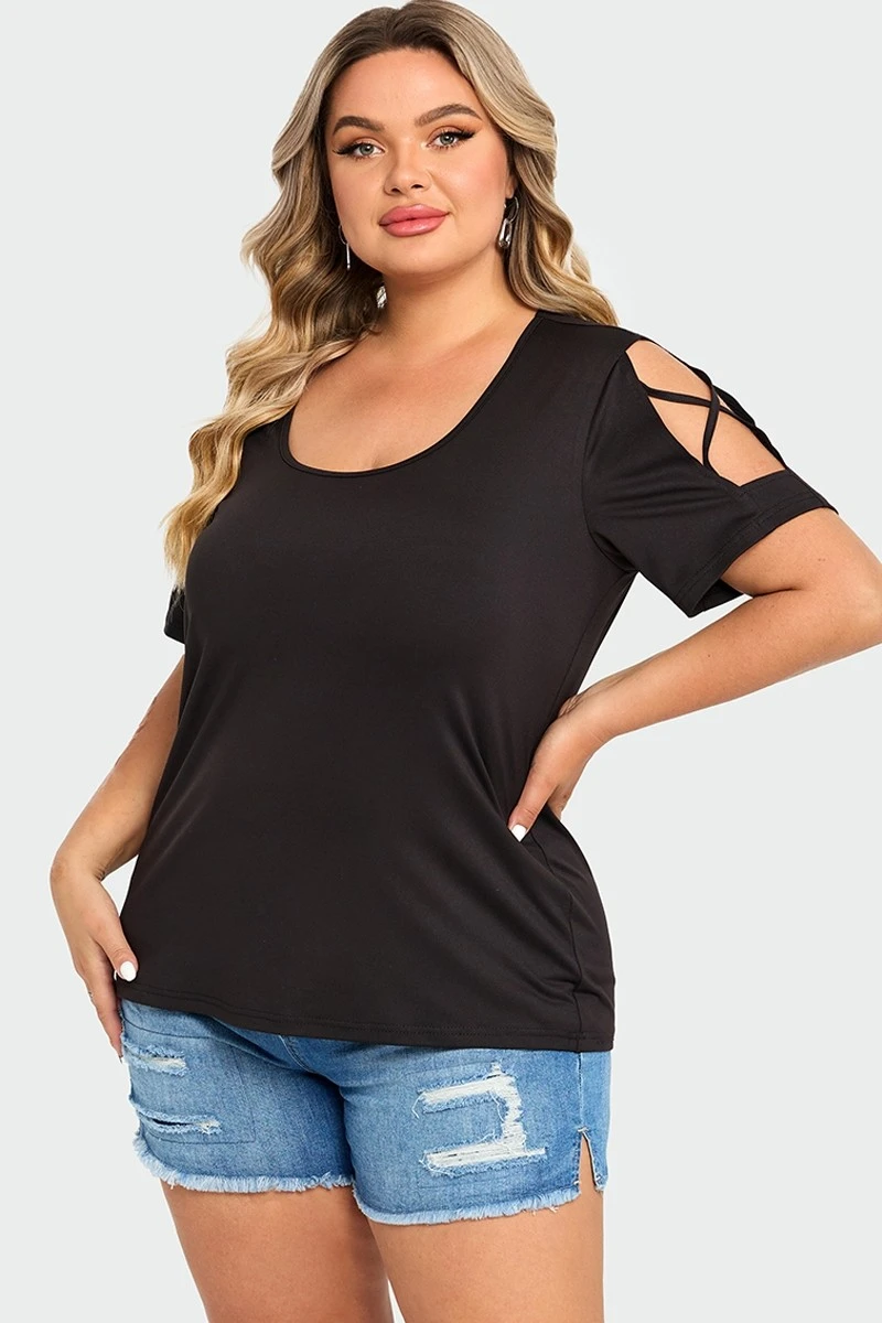Black Square Neck Lattice Cold Shoulder Top 3 Black Square Neck Lattice Cold Shoulder Top