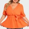 Orange V-Neck Puff Sleeves Side Tie Top 2 Orange V-Neck Puff Sleeves Side Tie Top -Maraluxe Swimwear Shop c top012001 1