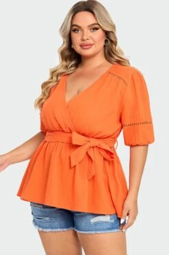 Orange V-Neck Puff Sleeves Side Tie Top -Maraluxe Swimwear Shop c top012001 5
