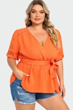 Orange V-Neck Puff Sleeves Side Tie Top -Maraluxe Swimwear Shop c top012001 6