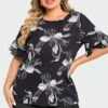 Plus Size Floral Print Round Neck Ruffle Sleeves Top 1 Plus Size Floral Print Round Neck Ruffle Sleeves Top -Maraluxe Swimwear Shop c top013001 1