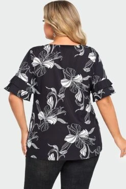 Plus Size Floral Print Round Neck Ruffle Sleeves Top -Maraluxe Swimwear Shop c top013001 2
