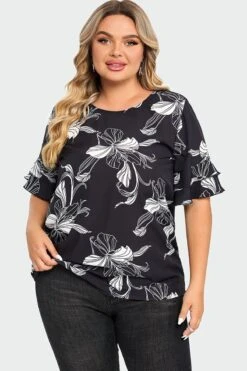 Plus Size Floral Print Round Neck Ruffle Sleeves Top -Maraluxe Swimwear Shop c top013001 3