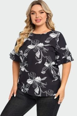 Plus Size Floral Print Round Neck Ruffle Sleeves Top -Maraluxe Swimwear Shop c top013001 4