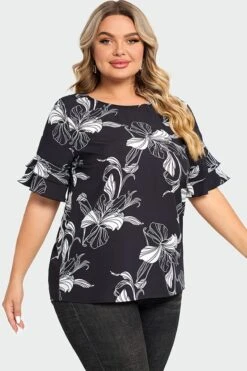 Plus Size Floral Print Round Neck Ruffle Sleeves Top -Maraluxe Swimwear Shop c top013001 5