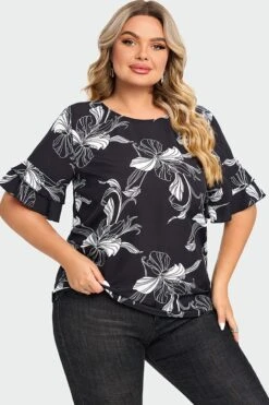 Plus Size Floral Print Round Neck Ruffle Sleeves Top -Maraluxe Swimwear Shop c top013001 6