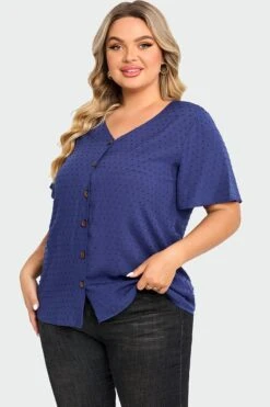 Dark Blue Solid Button V Neck Ruffles Blouse -Maraluxe Swimwear Shop c top014001 4