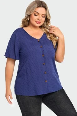 Dark Blue Solid Button V Neck Ruffles Blouse -Maraluxe Swimwear Shop c top014001 5