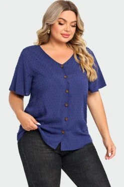 Dark Blue Solid Button V Neck Ruffles Blouse -Maraluxe Swimwear Shop c top014001 6
