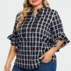Plus Size Plaid Split V-Neck 3/4 Ruffle Sleeve Blouse