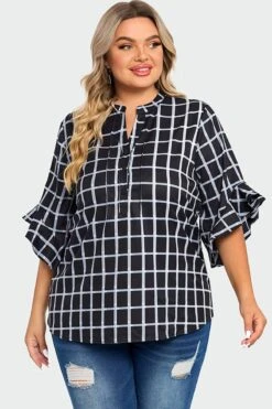 Plus Size Plaid Split V-Neck 3/4 Ruffle Sleeve Blouse -Maraluxe Swimwear Shop c top015001 3