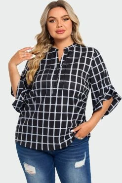 Plus Size Plaid Split V-Neck 3/4 Ruffle Sleeve Blouse -Maraluxe Swimwear Shop c top015001 4