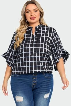 Plus Size Plaid Split V-Neck 3/4 Ruffle Sleeve Blouse -Maraluxe Swimwear Shop c top015001 5