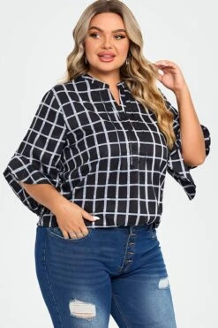 Plus Size Plaid Split V-Neck 3/4 Ruffle Sleeve Blouse -Maraluxe Swimwear Shop c top015001 6