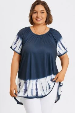 Tie-Dye Gauze Ruffle Short Sleeves Tunic