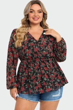 V-Neck Floral Printed Lantern Sleeve Ruffle Blouse