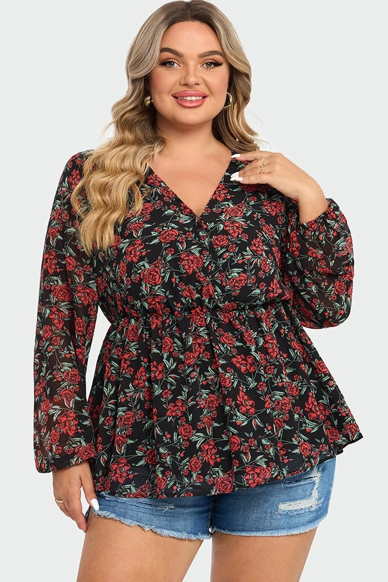 V-Neck Floral Printed Lantern Sleeve Ruffle Blouse 3 V-Neck Floral Printed Lantern Sleeve Ruffle Blouse