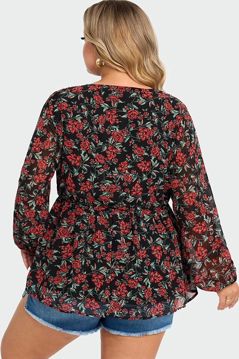 V-Neck Floral Printed Lantern Sleeve Ruffle Blouse 4 V-Neck Floral Printed Lantern Sleeve Ruffle Blouse - Image 2
