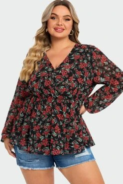 V-Neck Floral Printed Lantern Sleeve Ruffle Blouse 10 V-Neck Floral Printed Lantern Sleeve Ruffle Blouse -Maraluxe Swimwear Shop c topbc009002 3