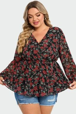 V-Neck Floral Printed Lantern Sleeve Ruffle Blouse 11 V-Neck Floral Printed Lantern Sleeve Ruffle Blouse -Maraluxe Swimwear Shop c topbc009002 4