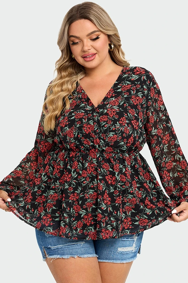 V-Neck Floral Printed Lantern Sleeve Ruffle Blouse 6 V-Neck Floral Printed Lantern Sleeve Ruffle Blouse - Image 4