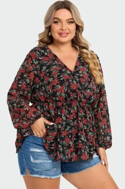 V-Neck Floral Printed Lantern Sleeve Ruffle Blouse 12 V-Neck Floral Printed Lantern Sleeve Ruffle Blouse -Maraluxe Swimwear Shop c topbc009002 5