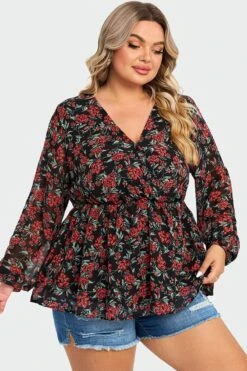 V-Neck Floral Printed Lantern Sleeve Ruffle Blouse 13 V-Neck Floral Printed Lantern Sleeve Ruffle Blouse -Maraluxe Swimwear Shop c topbc009002 6