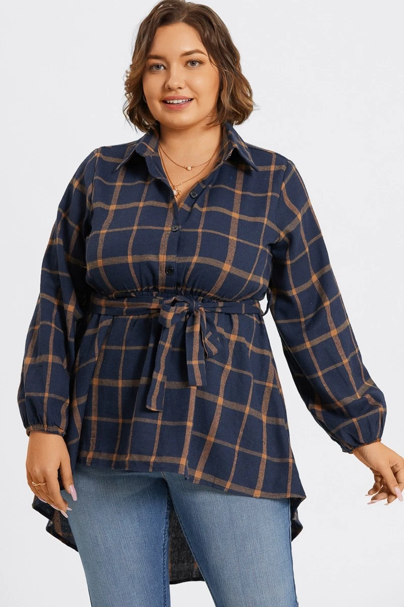 Plaid Long Sleeve High Low Hem Belted Blouse 3 Plaid Long Sleeve High Low Hem Belted Blouse