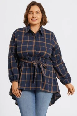 Plaid Long Sleeve High Low Hem Belted Blouse 10 Plaid Long Sleeve High Low Hem Belted Blouse -Maraluxe Swimwear Shop c topbc017001 3