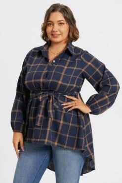 Plaid Long Sleeve High Low Hem Belted Blouse 11 Plaid Long Sleeve High Low Hem Belted Blouse -Maraluxe Swimwear Shop c topbc017001 4