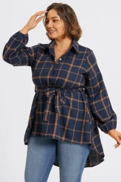 Plaid Long Sleeve High Low Hem Belted Blouse 13 Plaid Long Sleeve High Low Hem Belted Blouse -Maraluxe Swimwear Shop c topbc017001 5