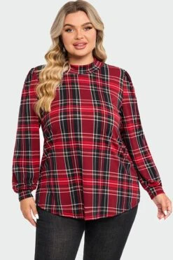 Plaid Long Sleeve Round Neck Long Blouse -Maraluxe Swimwear Shop c topbc018001 1