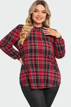 Plaid Long Sleeve Round Neck Long Blouse -Maraluxe Swimwear Shop c topbc018001 4
