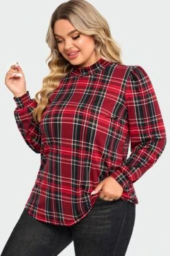 Plaid Long Sleeve Round Neck Long Blouse -Maraluxe Swimwear Shop c topbc018001 5