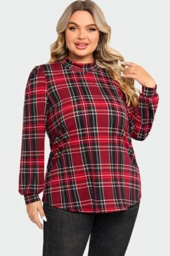 Plaid Long Sleeve Round Neck Long Blouse -Maraluxe Swimwear Shop c topbc018001 6
