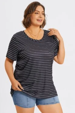 V-Neck Stripe Short Sleeve Pocket Front Top 13 V-Neck Stripe Short Sleeve Pocket Front Top -Maraluxe Swimwear Shop c topbc025001 6