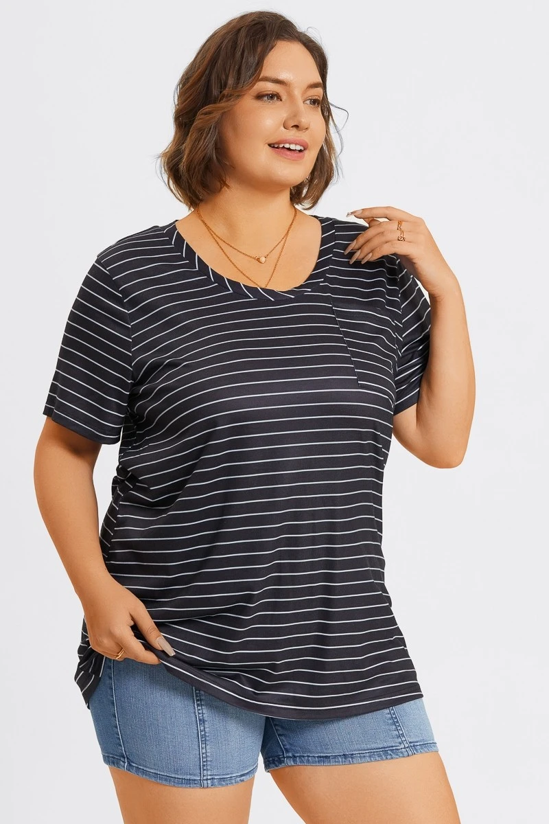 V-Neck Stripe Short Sleeve Pocket Front Top 8 V-Neck Stripe Short Sleeve Pocket Front Top - Image 6