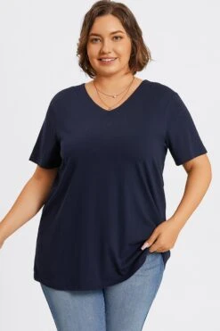 Plus Size Navy Blue V-Neck Loose Fit Basic Top -Maraluxe Swimwear Shop c topbc025002 1