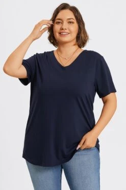 Plus Size Navy Blue V-Neck Loose Fit Basic Top -Maraluxe Swimwear Shop c topbc025002 4