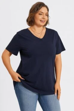 Plus Size Navy Blue V-Neck Loose Fit Basic Top -Maraluxe Swimwear Shop c topbc025002 5