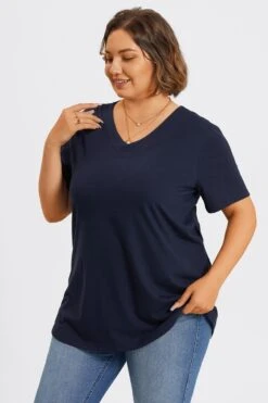 Plus Size Navy Blue V-Neck Loose Fit Basic Top -Maraluxe Swimwear Shop c topbc025002 6