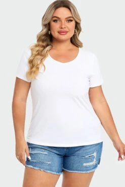 Plus Size White Short Sleeve Basic V-Neck Top